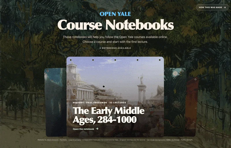 Open Yale Course Notebooks homepage with four overlapping course cards over a dark painted landscape.