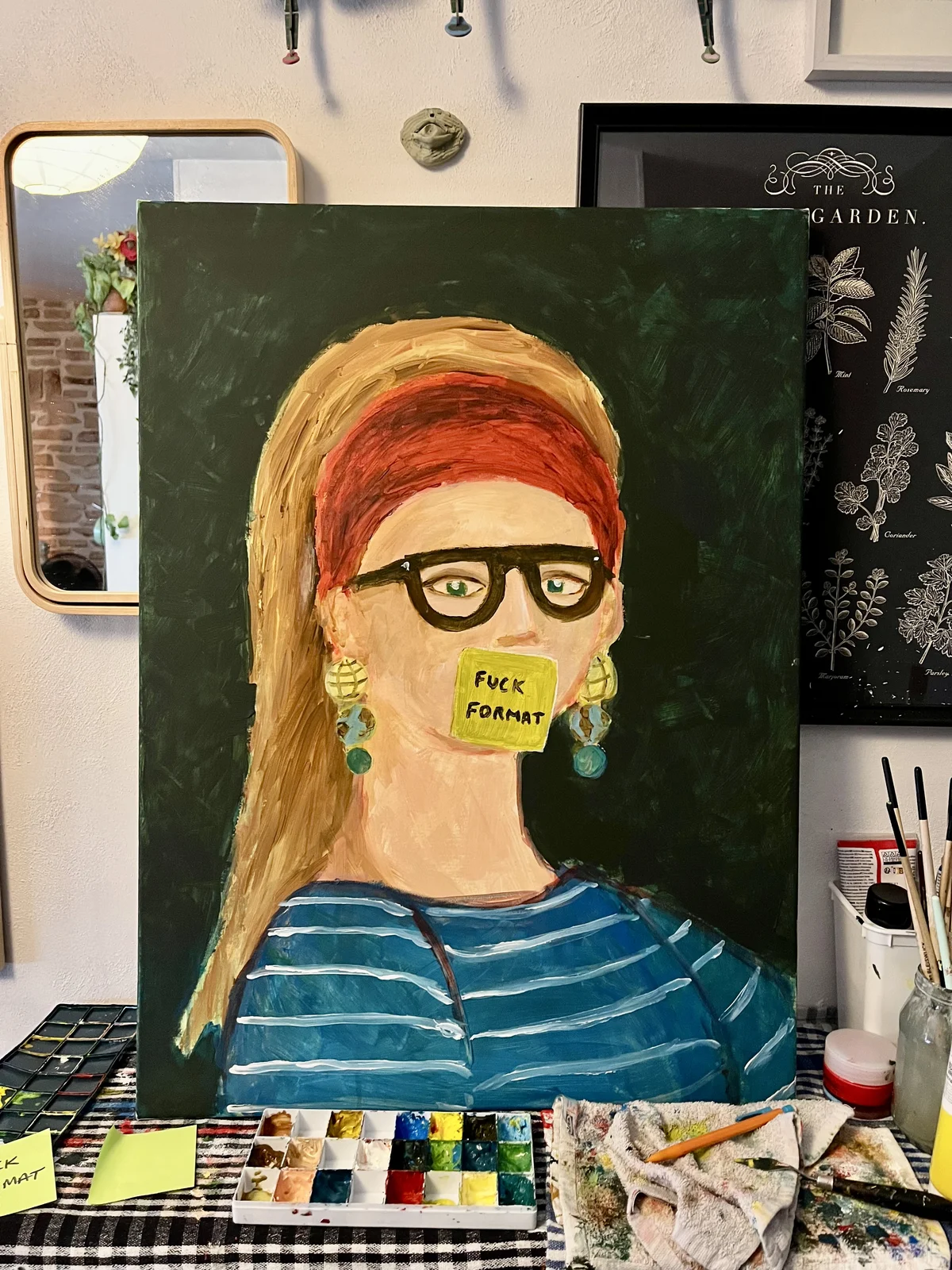 Acrylic painting of a woman with black glasses and a red headband, a yellow sticky note reading "FUCK FORMAT" over her mouth, on a dark green background
