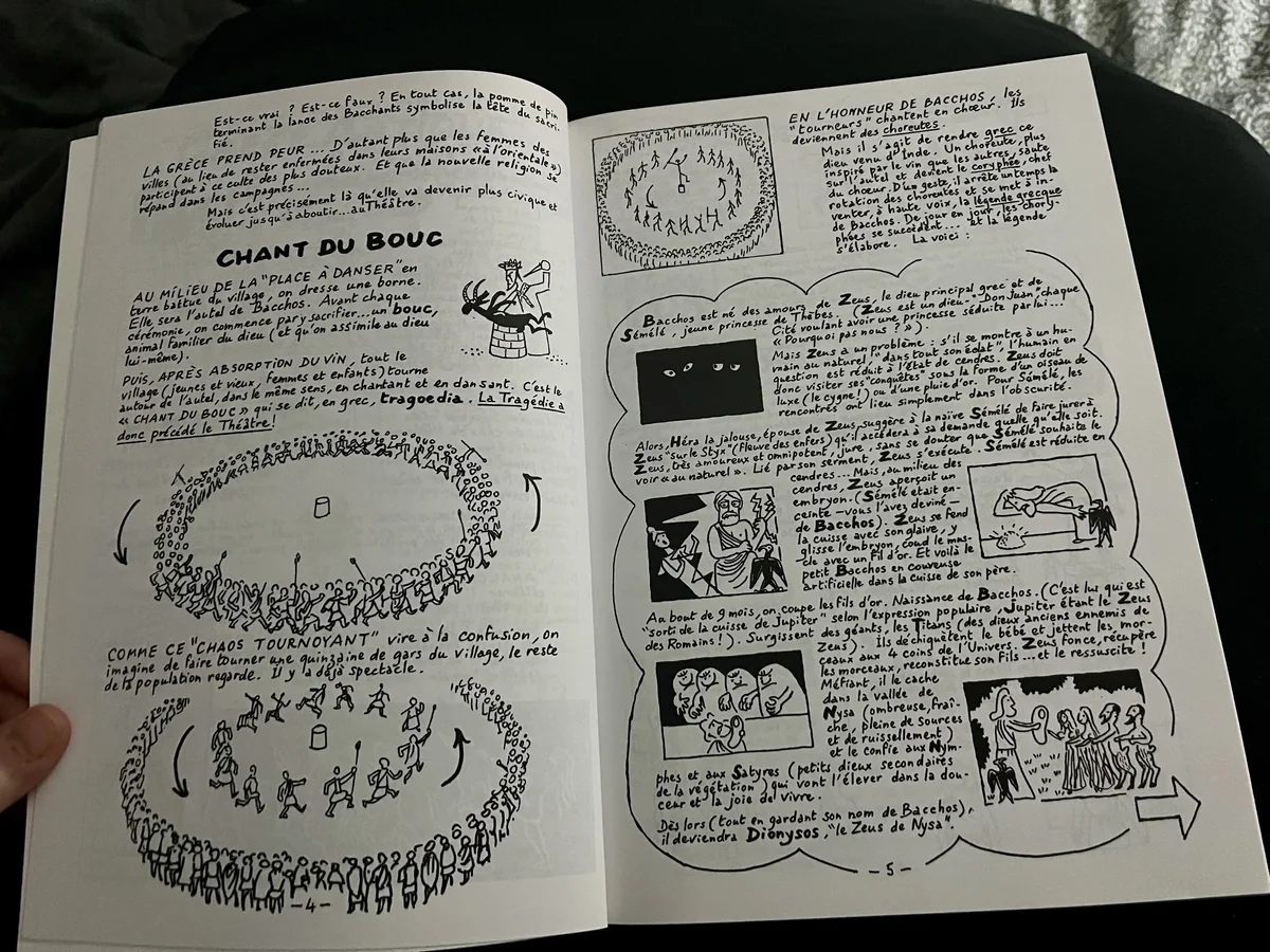Open spread of Le Théâtre raconté aux jeunes showing handwritten text, line drawings, and circular diagrams about the origins of Greek theatre.