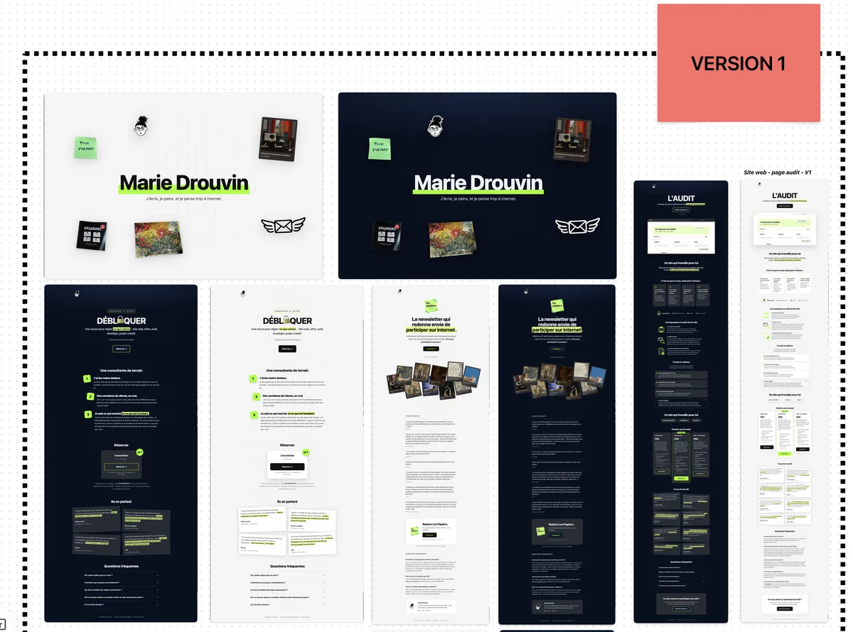 First redesign attempt: white and dark-navy homepage mockups with a corkboard motif, green neon accents, and stacked mobile page previews for the audit, consultation, and newsletter pages.