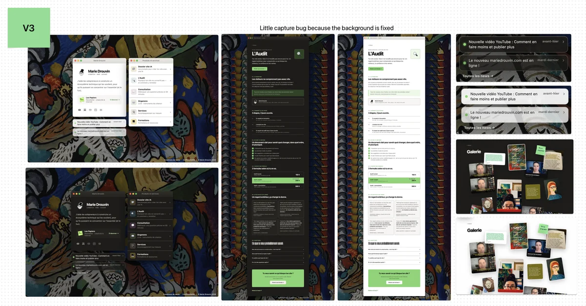 Third and final redesign: a macOS-style desktop over a Kandinsky painting background, showing draggable windows for the homepage, audit page, news feed, and gallery, in dark mode with a green accent.