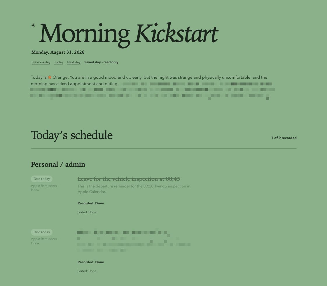 A saved Morning Kickstart day with completed tasks recorded